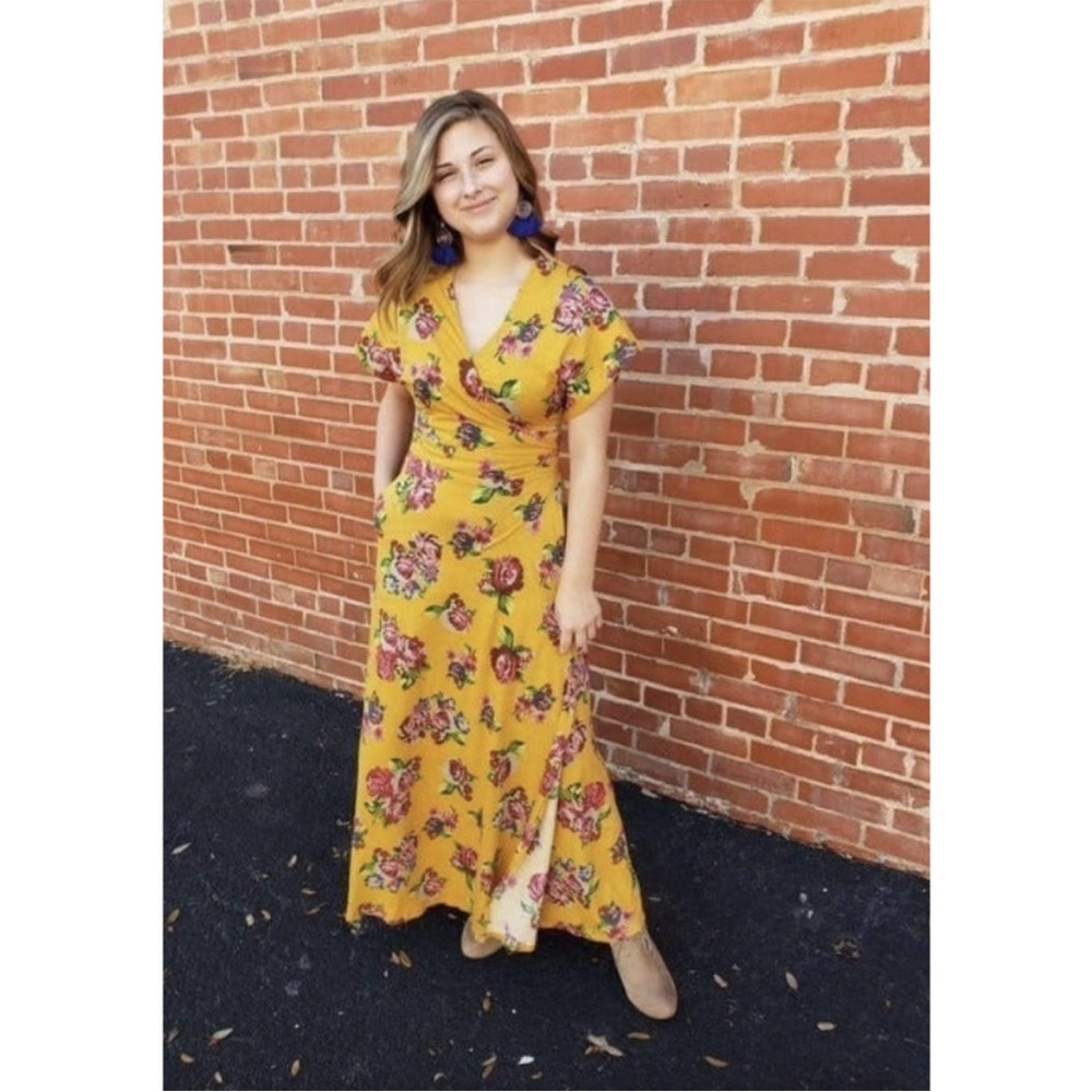 Matilda Jane Alana Jersey Knit Floral Maxi Wrap Dress Mustard Women's Small - Picture 3 of 12